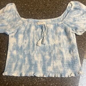 Lucky Brand Blue and White Smocked Crop Blouse Tube Top Short Sleeves